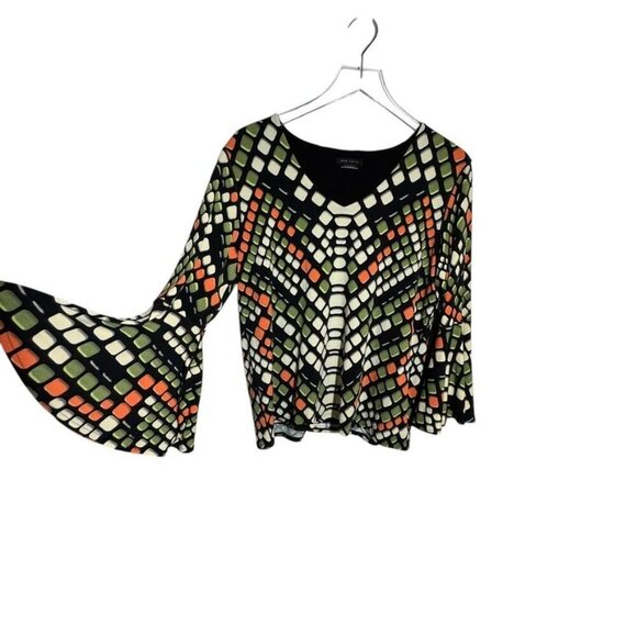 Eva Varro womens size Large top Slinky jersey knit black print bell sleeves - Picture 1 of 5